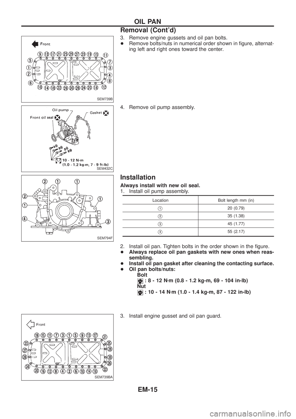 NISSAN PATROL 2006  Service Manual 3. Remove engine gussets and oil pan bolts.
+Remove bolts/nuts in numerical order shown in ®gure, alternat-
ing left and right ones toward the center.
4. Remove oil pump assembly.
Installation
Always