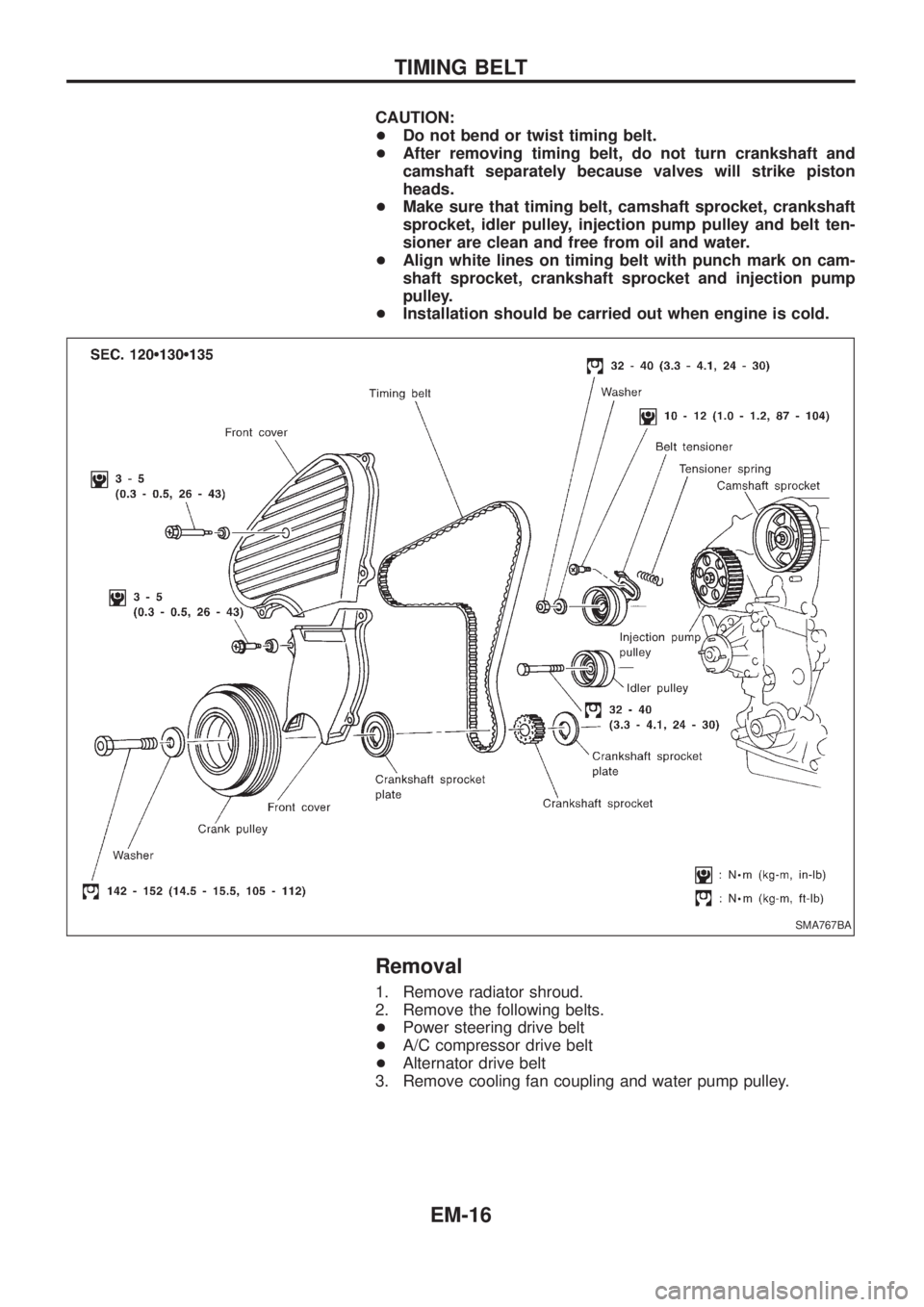 NISSAN PATROL 2006  Service Manual CAUTION:
+Do not bend or twist timing belt.
+After removing timing belt, do not turn crankshaft and
camshaft separately because valves will strike piston
heads.
+Make sure that timing belt, camshaft s