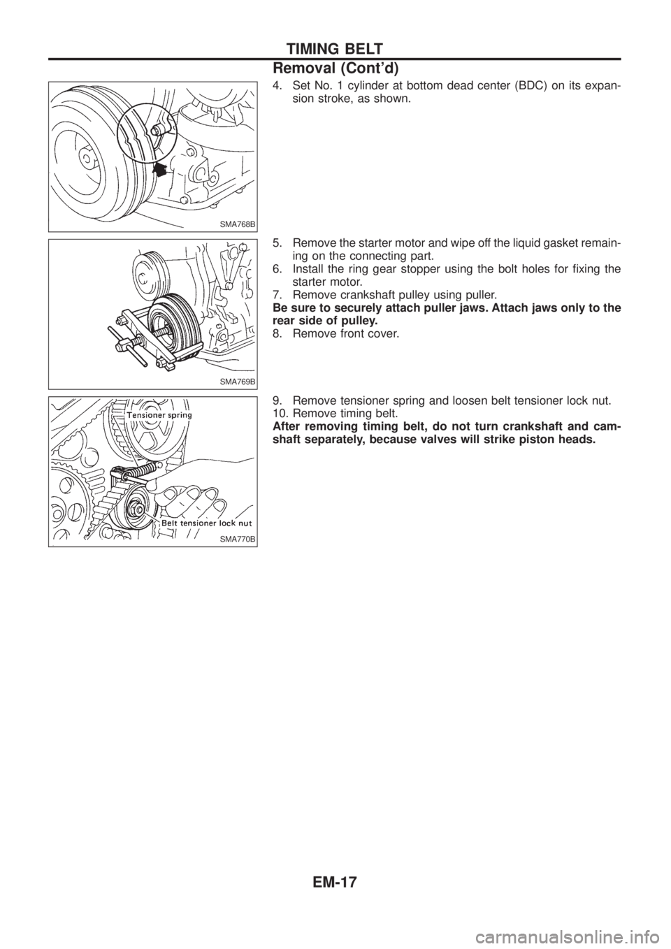 NISSAN PATROL 2006  Service Manual 4. Set No. 1 cylinder at bottom dead center (BDC) on its expan-
sion stroke, as shown.
5. Remove the starter motor and wipe off the liquid gasket remain-
ing on the connecting part.
6. Install the rin