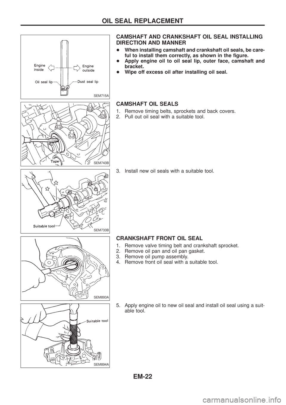 NISSAN PATROL 2006  Service Manual CAMSHAFT AND CRANKSHAFT OIL SEAL INSTALLING
DIRECTION AND MANNER
+When installing camshaft and crankshaft oil seals, be care-
ful to install them correctly, as shown in the ®gure.
+Apply engine oil t