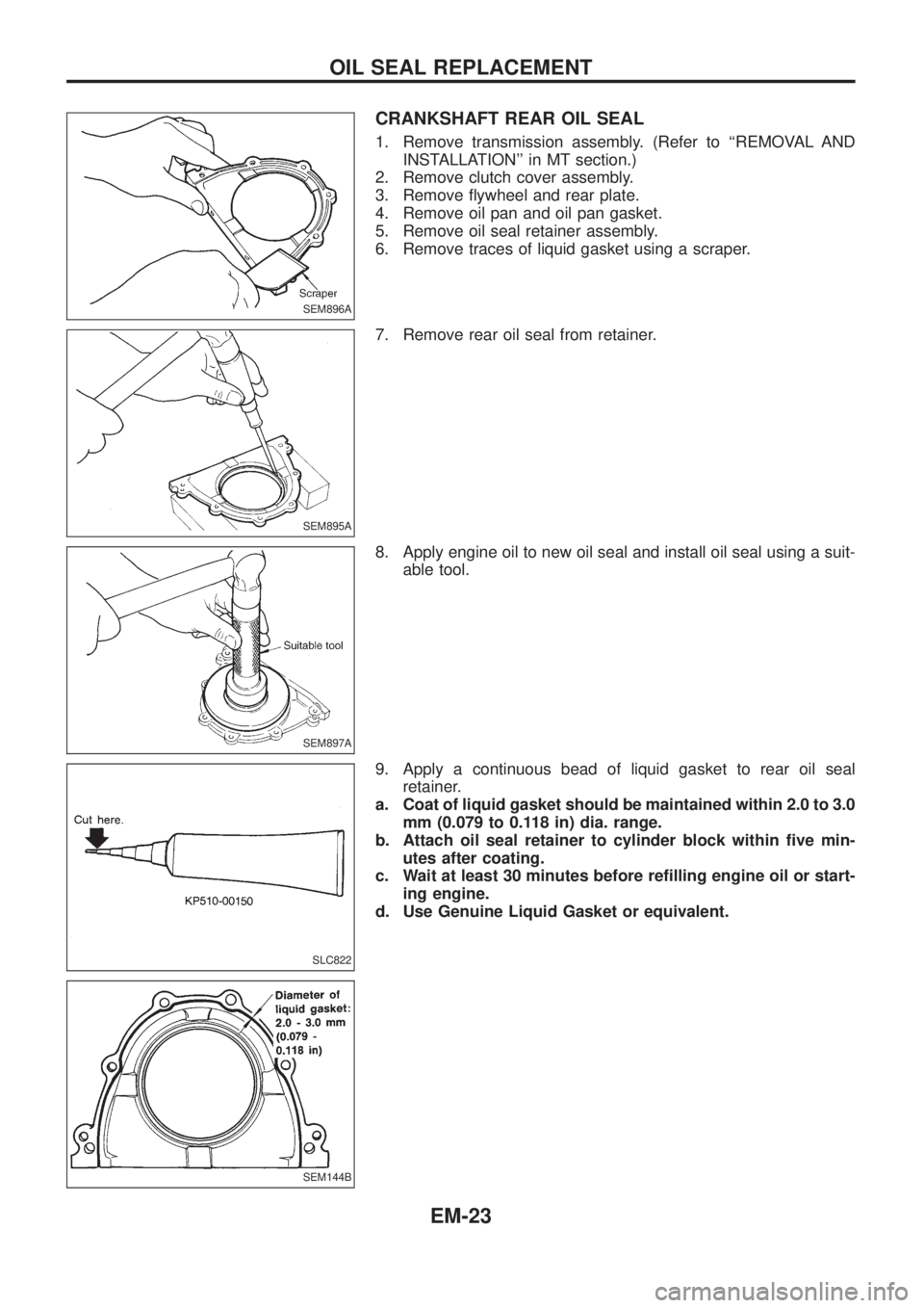 NISSAN PATROL 2006  Service Manual CRANKSHAFT REAR OIL SEAL
1. Remove transmission assembly. (Refer to ``REMOVAL AND
INSTALLATION in MT section.)
2. Remove clutch cover assembly.
3. Remove ¯ywheel and rear plate.
4. Remove oil pan a