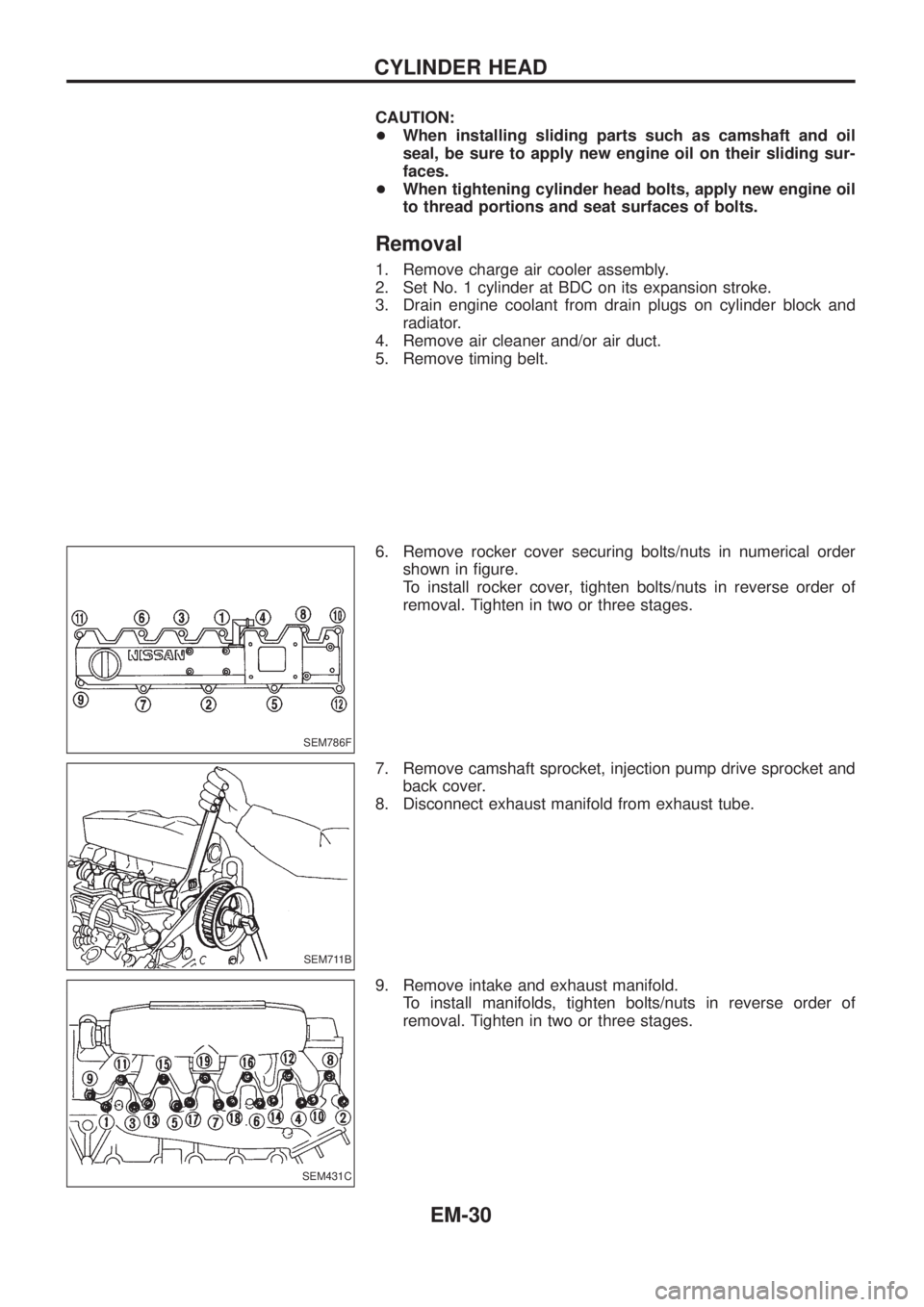 NISSAN PATROL 2006  Service Manual CAUTION:
+When installing sliding parts such as camshaft and oil
seal, be sure to apply new engine oil on their sliding sur-
faces.
+When tightening cylinder head bolts, apply new engine oil
to thread