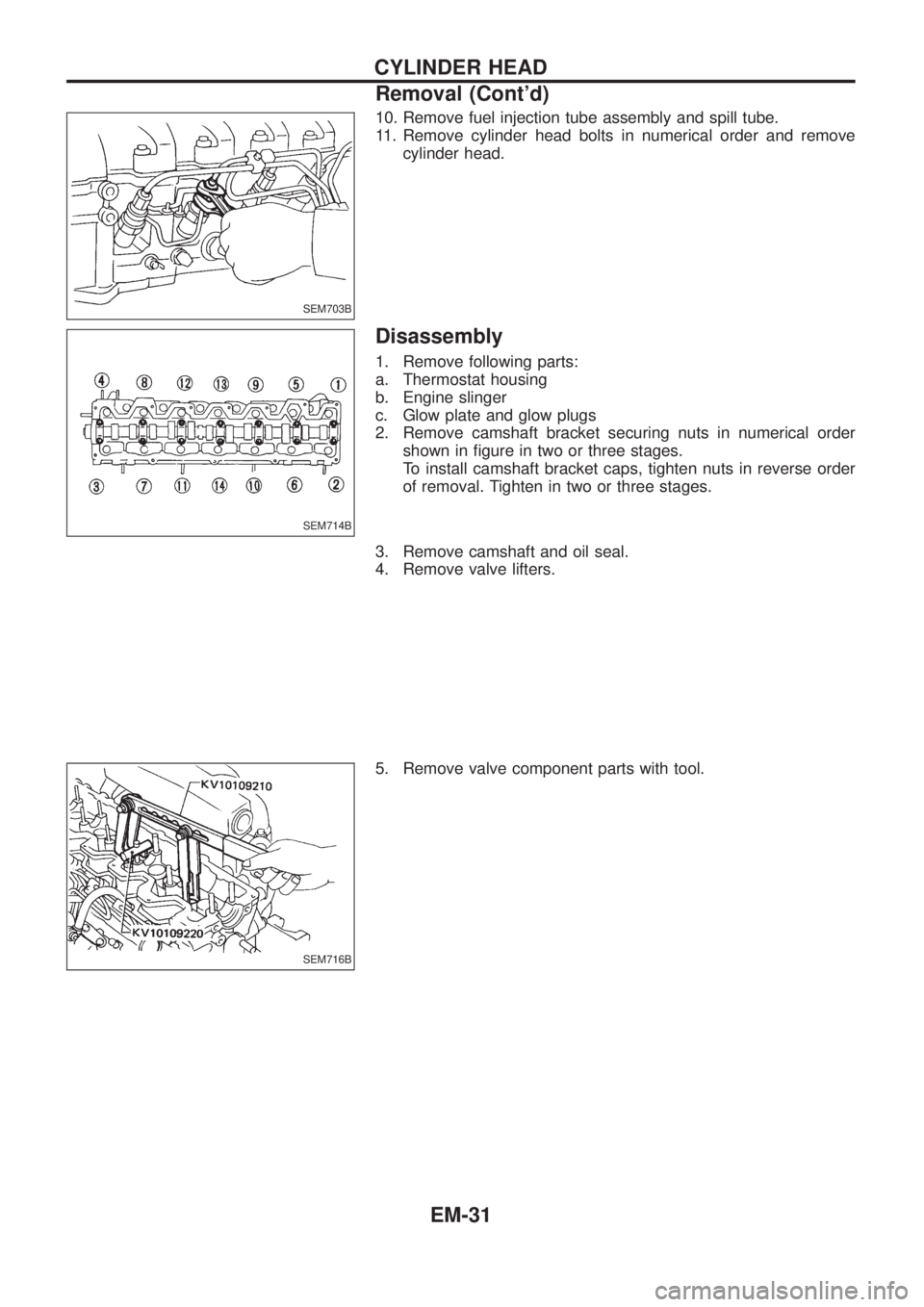 NISSAN PATROL 2006  Service Manual 10. Remove fuel injection tube assembly and spill tube.
11. Remove cylinder head bolts in numerical order and remove
cylinder head.
Disassembly
1. Remove following parts:
a. Thermostat housing
b. Engi