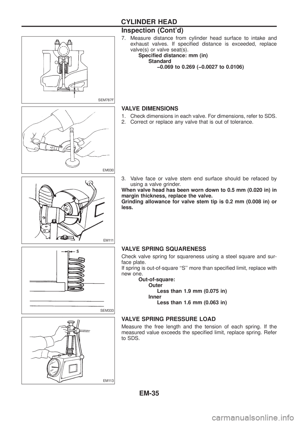 NISSAN PATROL 2006 Service Manual 7. Measure distance from cylinder head surface to intake and
exhaust valves. If speci®ed distance is exceeded, replace
valve(s) or valve seat(s).
Speci®ed distance: mm (in)
Standard
þ0.069 to 0.269 NISSAN PATROL 2006 Service Manual 7. Measure distance from cylinder head surface to intake and
exhaust valves. If speci®ed distance is exceeded, replace
valve(s) or valve seat(s).
Speci®ed distance: mm (in)
Standard
þ0.069 to 0.269