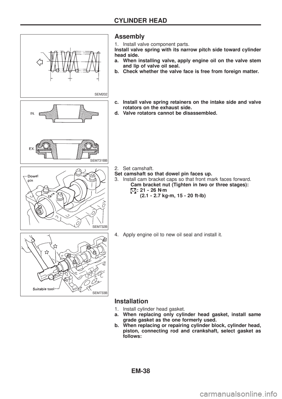 NISSAN PATROL 2006 Service Manual Assembly
1. Install valve component parts.
Install valve spring with its narrow pitch side toward cylinder
head side.
a. When installing valve, apply engine oil on the valve stem
and lip of valve oil NISSAN PATROL 2006 Service Manual Assembly
1. Install valve component parts.
Install valve spring with its narrow pitch side toward cylinder
head side.
a. When installing valve, apply engine oil on the valve stem
and lip of valve oil
