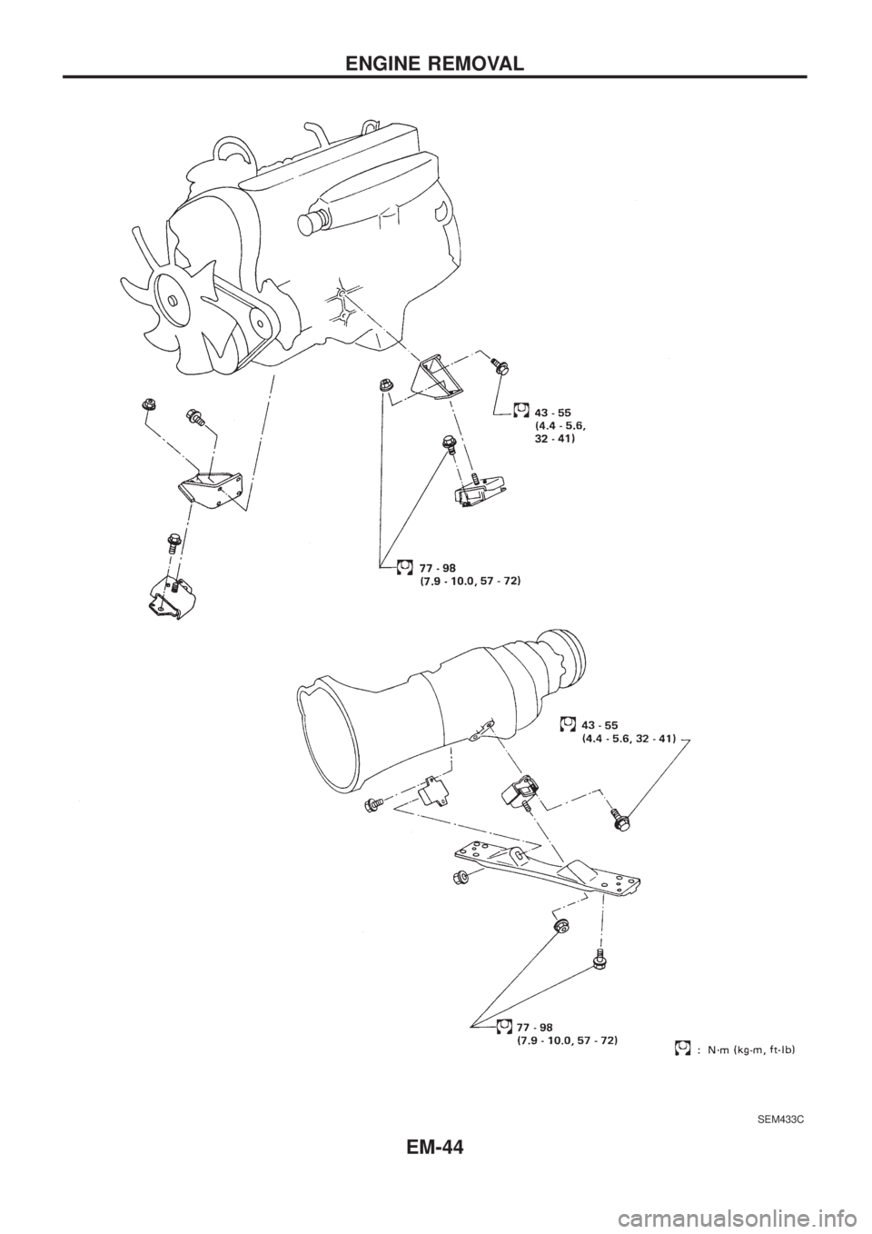NISSAN PATROL 2006 Service Manual SEM433C
ENGINE REMOVAL
EM-44 NISSAN PATROL 2006 Service Manual SEM433C
ENGINE REMOVAL
EM-44
