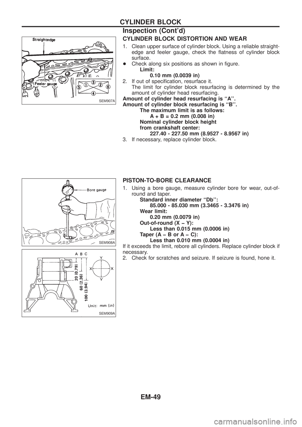NISSAN PATROL 2006 Service Manual CYLINDER BLOCK DISTORTION AND WEAR
1. Clean upper surface of cylinder block. Using a reliable straight-
edge and feeler gauge, check the ¯atness of cylinder block
surface.
+Check along six positions NISSAN PATROL 2006 Service Manual CYLINDER BLOCK DISTORTION AND WEAR
1. Clean upper surface of cylinder block. Using a reliable straight-
edge and feeler gauge, check the ¯atness of cylinder block
surface.
+Check along six positions