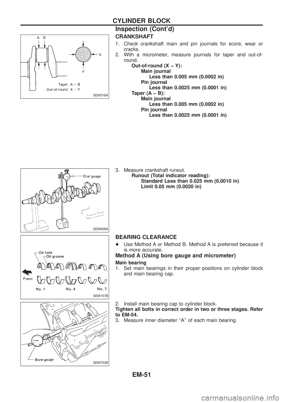 NISSAN PATROL 2006 Service Manual CRANKSHAFT
1. Check crankshaft main and pin journals for score, wear or
cracks.
2. With a micrometer, measure journals for taper and out-of-
round.
Out-of-round (X þ Y):
Main journal
Less than 0.005 NISSAN PATROL 2006 Service Manual CRANKSHAFT
1. Check crankshaft main and pin journals for score, wear or
cracks.
2. With a micrometer, measure journals for taper and out-of-
round.
Out-of-round (X þ Y):
Main journal
Less than 0.005