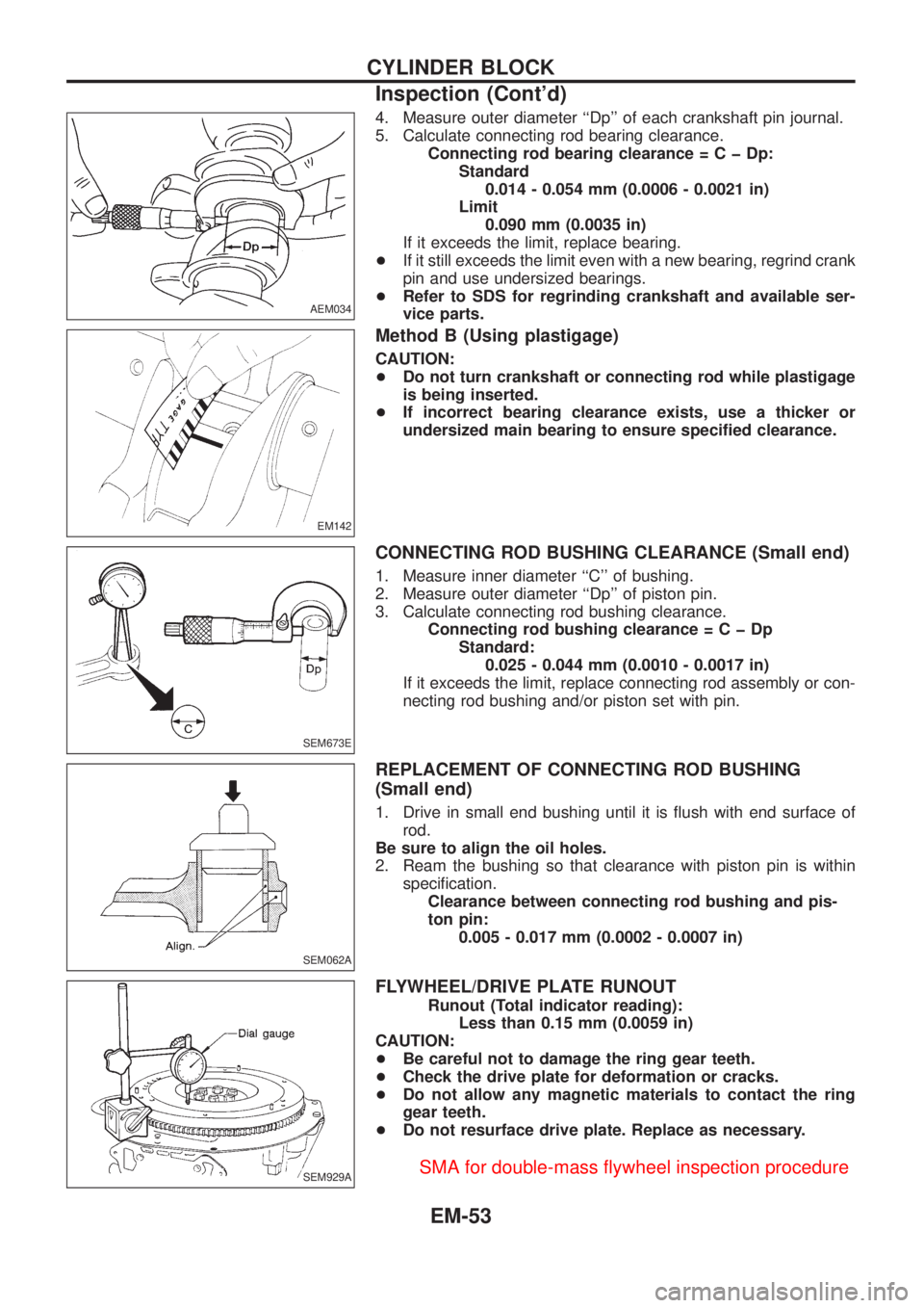 NISSAN PATROL 2006 Service Manual 4. Measure outer diameter ``Dp of each crankshaft pin journal.
5. Calculate connecting rod bearing clearance.
Connecting rod bearing clearance=CþDp:
Standard
0.014 - 0.054 mm (0.0006 - 0.0021 in)
L NISSAN PATROL 2006 Service Manual 4. Measure outer diameter ``Dp of each crankshaft pin journal.
5. Calculate connecting rod bearing clearance.
Connecting rod bearing clearance=CþDp:
Standard
0.014 - 0.054 mm (0.0006 - 0.0021 in)
L