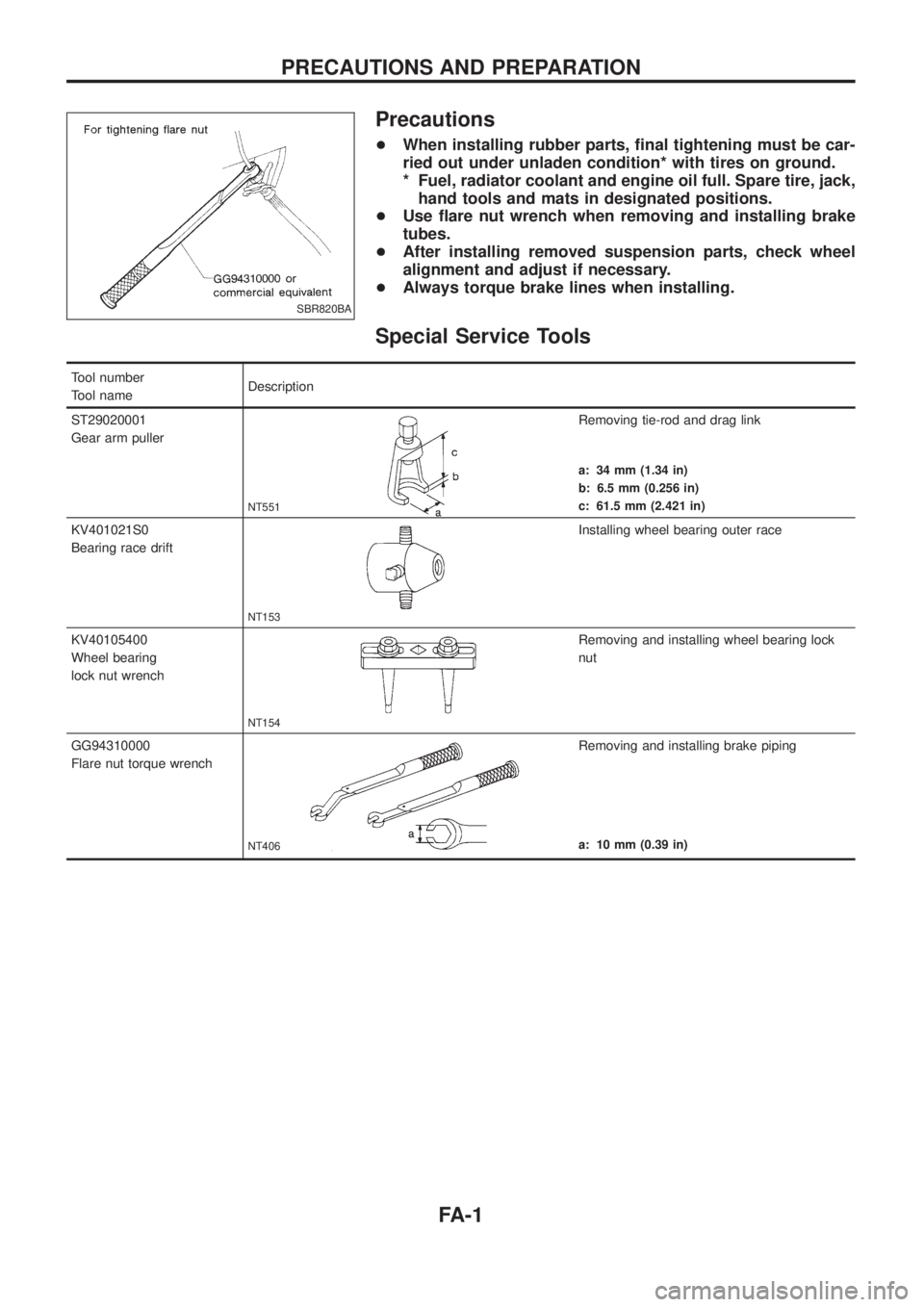 NISSAN PATROL 2006  Service Manual Precautions
+When installing rubber parts, ®nal tightening must be car-
ried out under unladen condition* with tires on ground.
* Fuel, radiator coolant and engine oil full. Spare tire, jack,
hand to