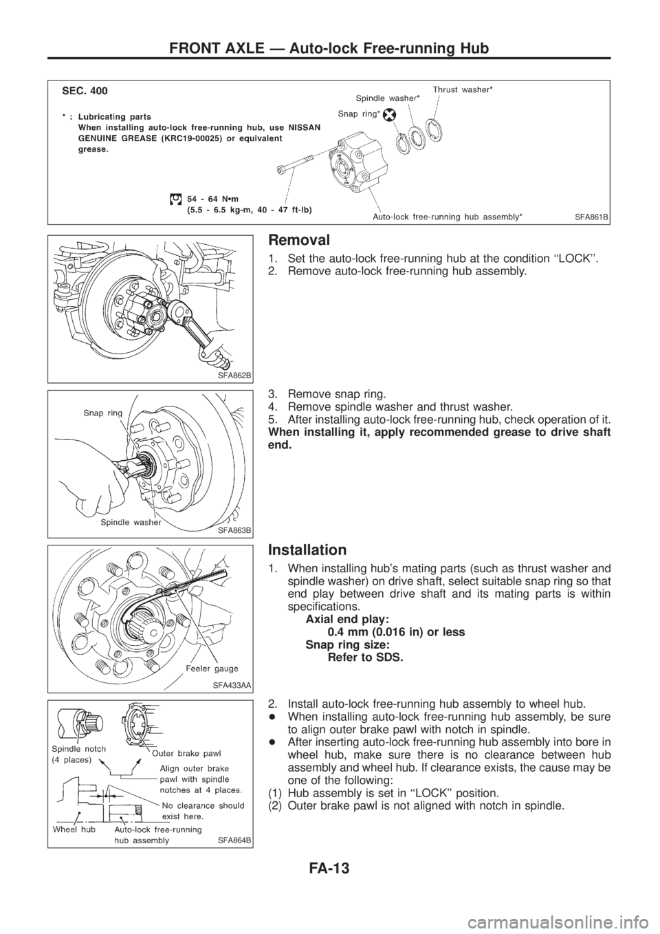 NISSAN PATROL 2006  Service Manual Removal
1. Set the auto-lock free-running hub at the condition ``LOCK.
2. Remove auto-lock free-running hub assembly.
3. Remove snap ring.
4. Remove spindle washer and thrust washer.
5. After instal
