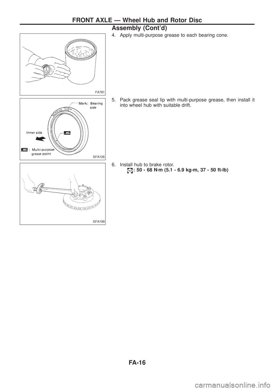 NISSAN PATROL 2006  Service Manual 4. Apply multi-purpose grease to each bearing cone.
5. Pack grease seal lip with multi-purpose grease, then install it
into wheel hub with suitable drift.
6. Install hub to brake rotor.
:50-68Nzm (5.1
