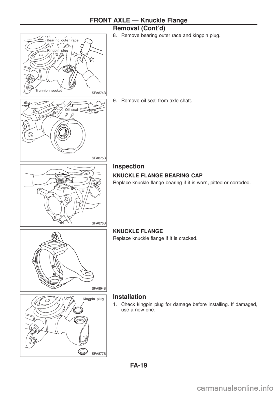 NISSAN PATROL 2006  Service Manual 8. Remove bearing outer race and kingpin plug.
9. Remove oil seal from axle shaft.
Inspection
KNUCKLE FLANGE BEARING CAP
Replace knuckle ¯ange bearing if it is worn, pitted or corroded.
KNUCKLE FLANG
