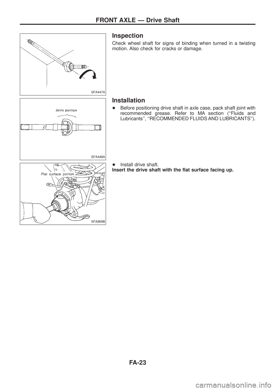 NISSAN PATROL 2006  Service Manual Inspection
Check wheel shaft for signs of binding when turned in a twisting
motion. Also check for cracks or damage.
Installation
+Before positioning drive shaft in axle case, pack shaft joint with
re