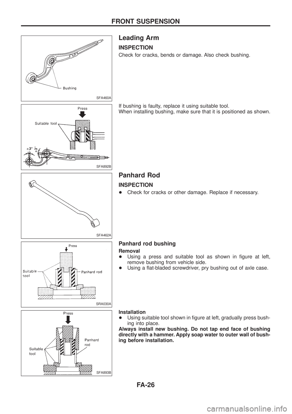 NISSAN PATROL 2006  Service Manual Leading Arm
INSPECTION
Check for cracks, bends or damage. Also check bushing.
If bushing is faulty, replace it using suitable tool.
When installing bushing, make sure that it is positioned as shown.
P