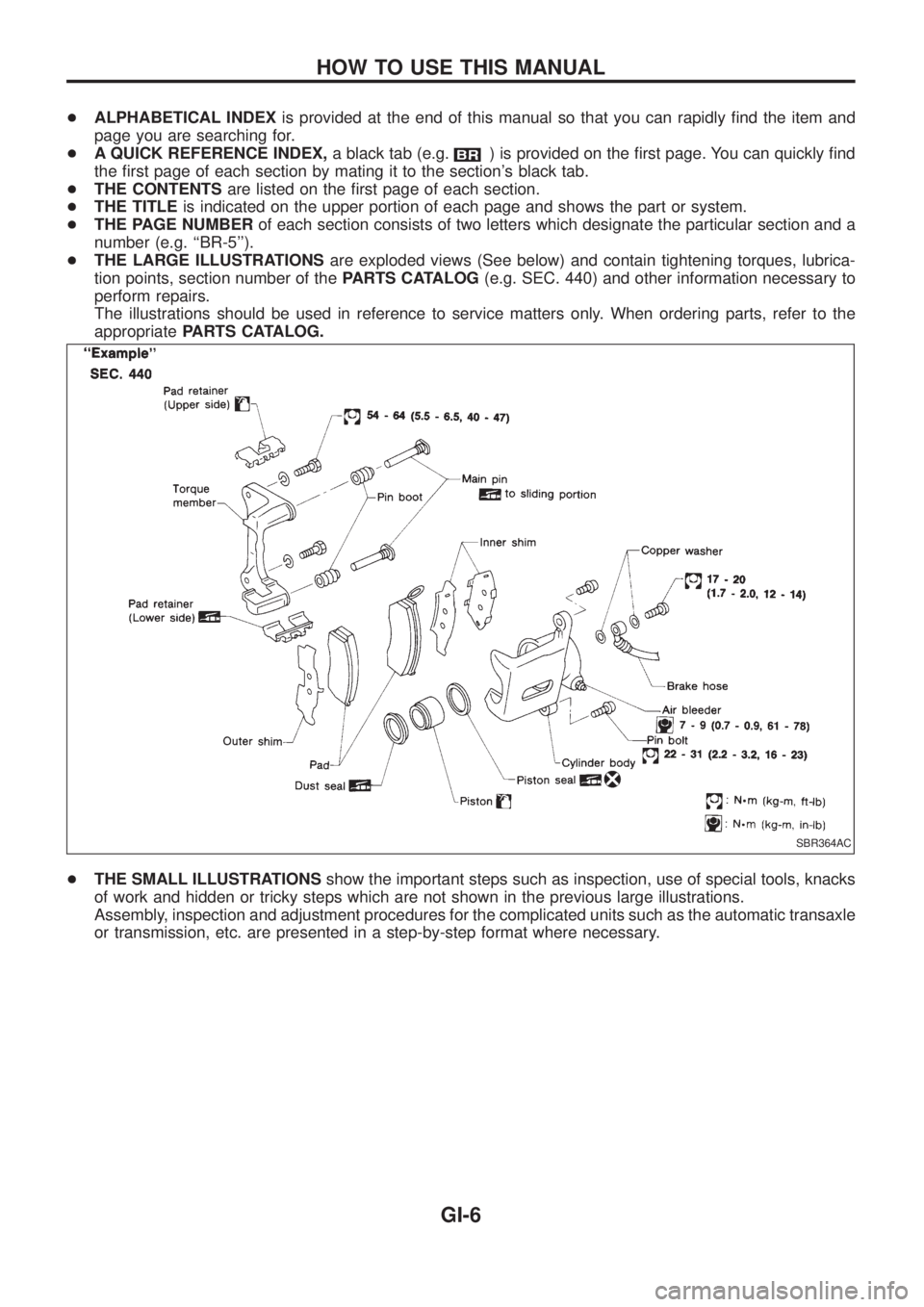 NISSAN PATROL 2006  Service Manual +ALPHABETICAL INDEXis provided at the end of this manual so that you can rapidly ®nd the item and
page you are searching for.
+A QUICK REFERENCE INDEX,a black tab (e.g.
) is provided on the ®rst pag