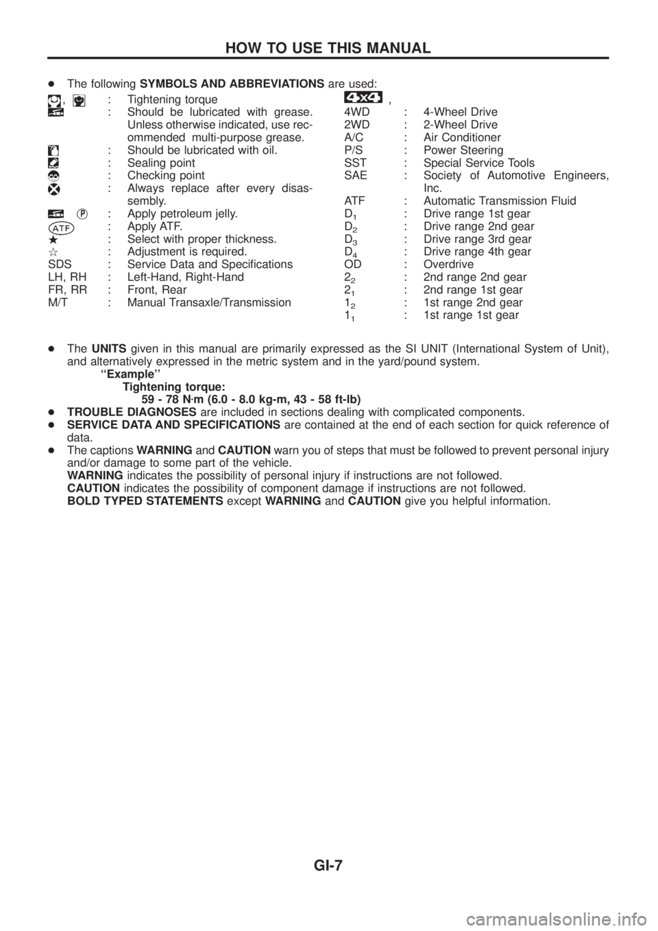 NISSAN PATROL 2006  Service Manual +The followingSYMBOLS AND ABBREVIATIONSare used:
,: Tightening torque
: Should be lubricated with grease.
Unless otherwise indicated, use rec-
ommended multi-purpose grease.
: Should be lubricated wit