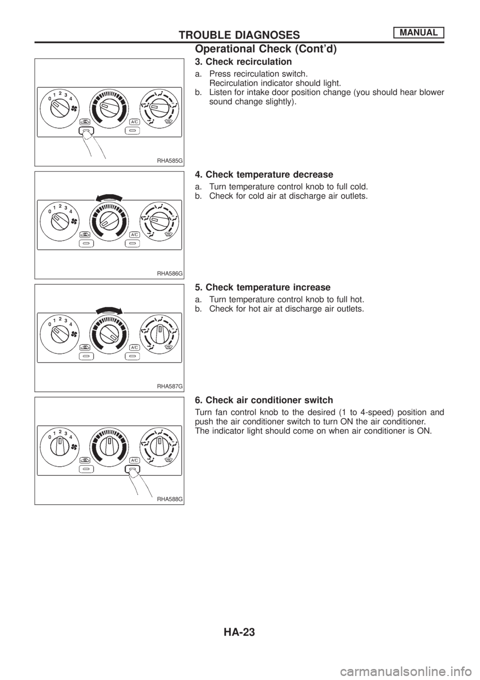 NISSAN PATROL 2006  Service Manual 3. Check recirculation
a. Press recirculation switch.
Recirculation indicator should light.
b. Listen for intake door position change (you should hear blower
sound change slightly).
4. Check temperatu