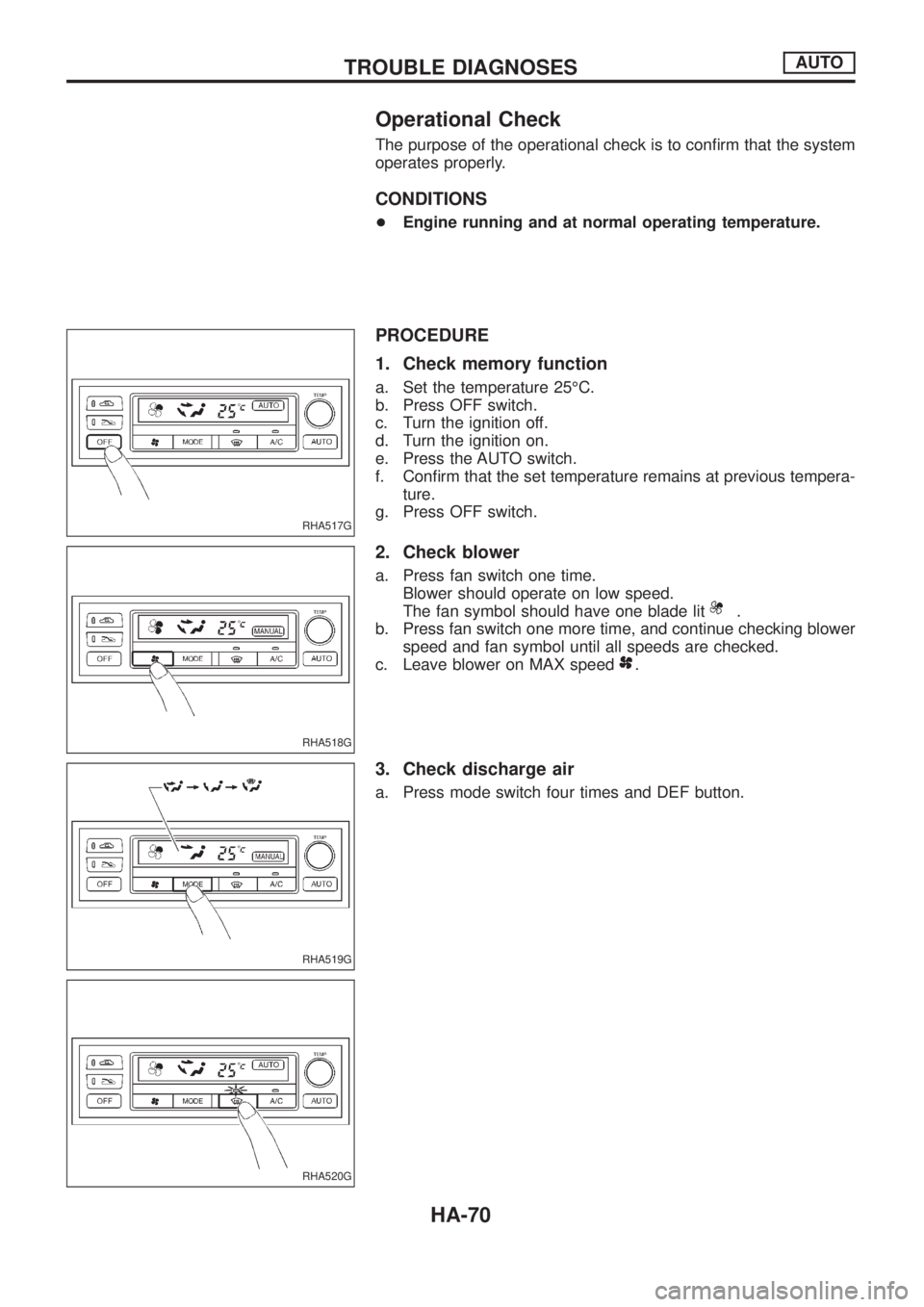 NISSAN PATROL 2006  Service Manual Operational Check
The purpose of the operational check is to con®rm that the system
operates properly.
CONDITIONS
+Engine running and at normal operating temperature.
PROCEDURE
1. Check memory functi