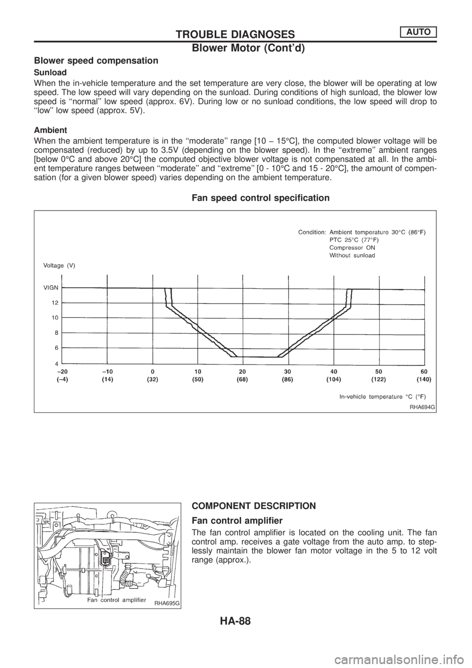 NISSAN PATROL 2006 Service Manual Blower speed compensation
Sunload
When the in-vehicle temperature and the set temperature are very close, the blower will be operating at low
speed. The low speed will vary depending on the sunload. D NISSAN PATROL 2006 Service Manual Blower speed compensation
Sunload
When the in-vehicle temperature and the set temperature are very close, the blower will be operating at low
speed. The low speed will vary depending on the sunload. D