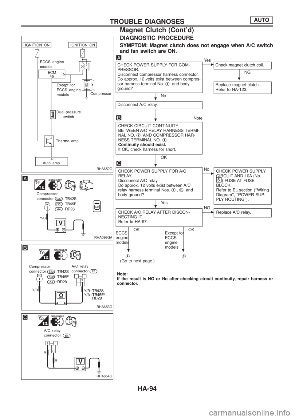 NISSAN PATROL 2006 Service Manual DIAGNOSTIC PROCEDURE
SYMPTOM: Magnet clutch does not engage when A/C switch
and fan switch are ON.
CHECK POWER SUPPLY FOR COM-
PRESSOR.
Disconnect compressor harness connector.
Do approx. 12 volts exi NISSAN PATROL 2006 Service Manual DIAGNOSTIC PROCEDURE
SYMPTOM: Magnet clutch does not engage when A/C switch
and fan switch are ON.
CHECK POWER SUPPLY FOR COM-
PRESSOR.
Disconnect compressor harness connector.
Do approx. 12 volts exi