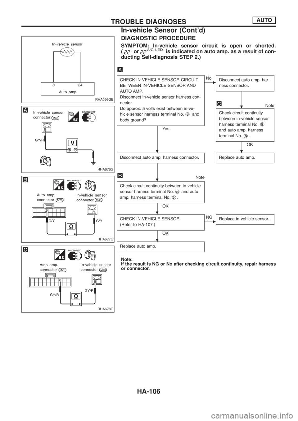 NISSAN PATROL 2006 Service Manual DIAGNOSTIC PROCEDURE
SYMPTOM: In-vehicle sensor circuit is open or shorted.
(
orA/C LEDis indicated on auto amp. as a result of con-
ducting Self-diagnosis STEP 2.)
CHECK IN-VEHICLE SENSOR CIRCUIT
BET NISSAN PATROL 2006 Service Manual DIAGNOSTIC PROCEDURE
SYMPTOM: In-vehicle sensor circuit is open or shorted.
(
orA/C LEDis indicated on auto amp. as a result of con-
ducting Self-diagnosis STEP 2.)
CHECK IN-VEHICLE SENSOR CIRCUIT
BET