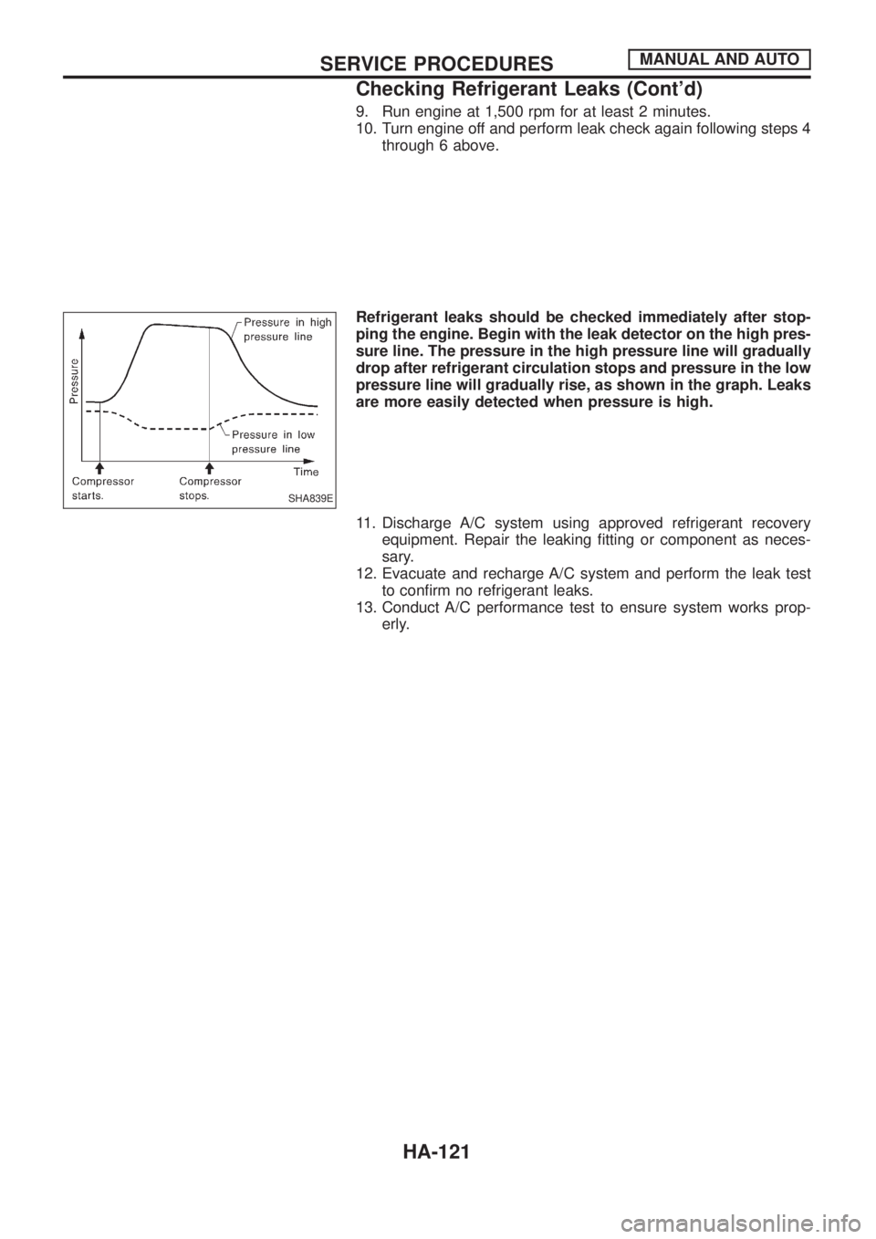 NISSAN PATROL 2006 Service Manual 9. Run engine at 1,500 rpm for at least 2 minutes.
10. Turn engine off and perform leak check again following steps 4
through 6 above.
Refrigerant leaks should be checked immediately after stop-
ping NISSAN PATROL 2006 Service Manual 9. Run engine at 1,500 rpm for at least 2 minutes.
10. Turn engine off and perform leak check again following steps 4
through 6 above.
Refrigerant leaks should be checked immediately after stop-
ping