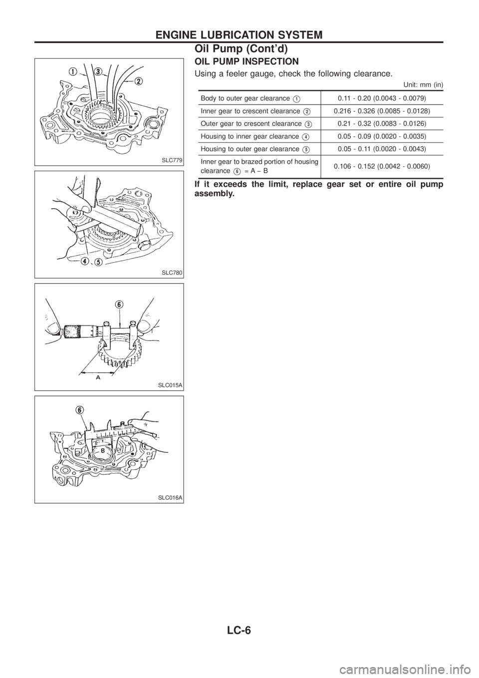 NISSAN PATROL 2006  Service Manual OIL PUMP INSPECTION
Using a feeler gauge, check the following clearance.
Unit: mm (in)
Body to outer gear clearanceV10.11 - 0.20 (0.0043 - 0.0079)
Inner gear to crescent clearance
V20.216 - 0.326 (0.0