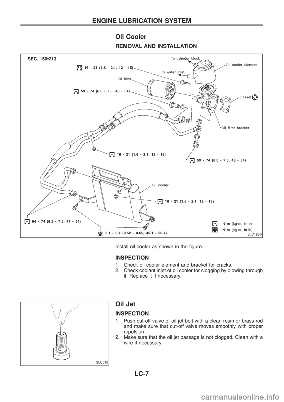NISSAN PATROL 2006  Service Manual Oil Cooler
REMOVAL AND INSTALLATION
Install oil cooler as shown in the ®gure.
INSPECTION
1. Check oil cooler element and bracket for cracks.
2. Check coolant inlet of oil cooler for clogging by blowi