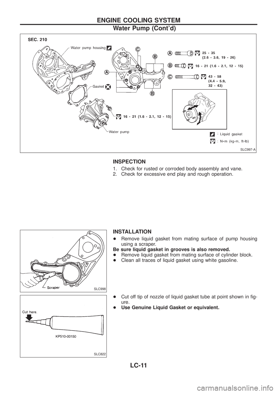 NISSAN PATROL 2006  Service Manual INSPECTION
1. Check for rusted or corroded body assembly and vane.
2. Check for excessive end play and rough operation.
INSTALLATION
+Remove liquid gasket from mating surface of pump housing
using a s
