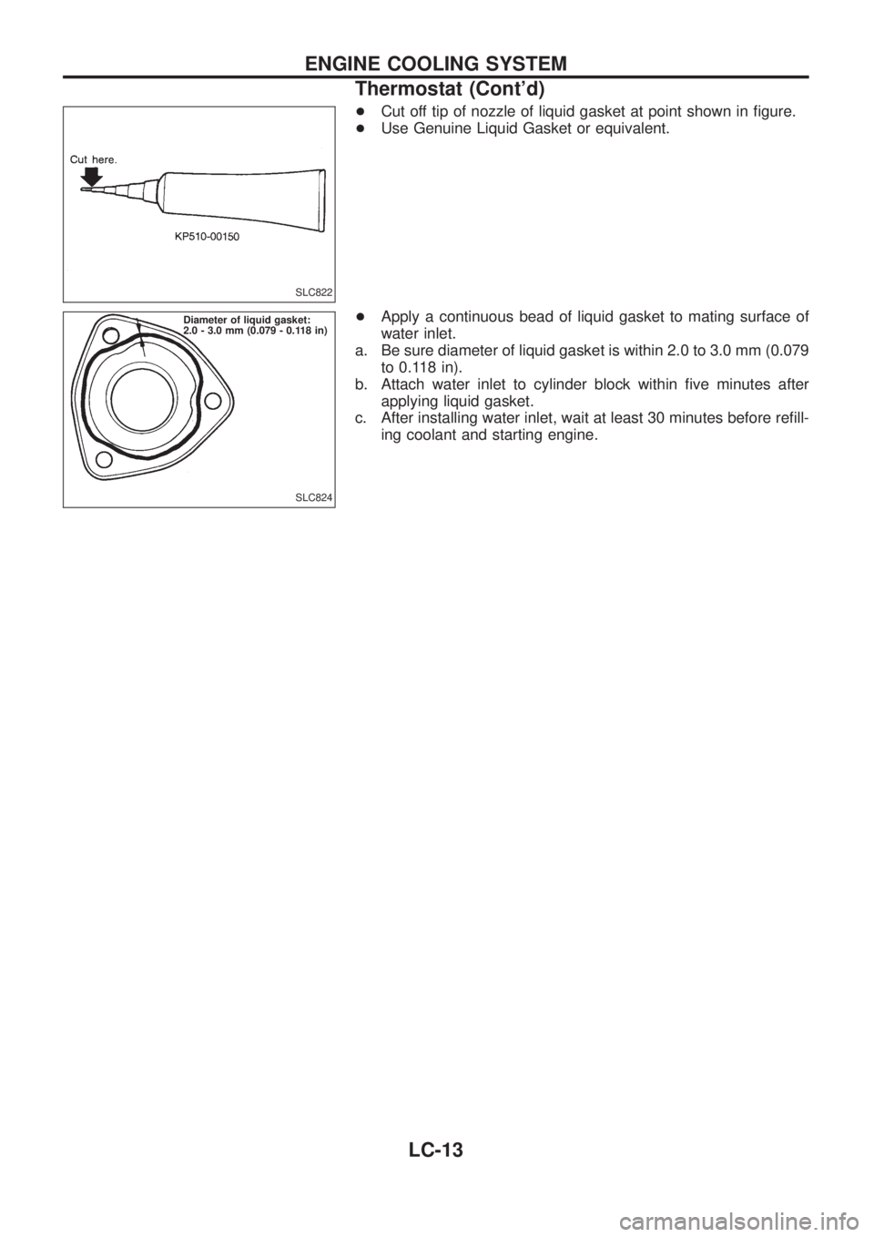 NISSAN PATROL 2006  Service Manual +Cut off tip of nozzle of liquid gasket at point shown in ®gure.
+Use Genuine Liquid Gasket or equivalent.
+Apply a continuous bead of liquid gasket to mating surface of
water inlet.
a. Be sure diame