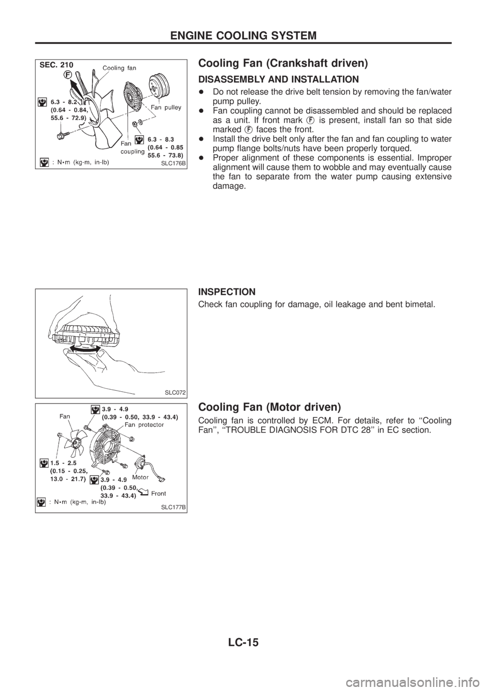 NISSAN PATROL 2006  Service Manual Cooling Fan (Crankshaft driven)
DISASSEMBLY AND INSTALLATION
+Do not release the drive belt tension by removing the fan/water
pump pulley.
+Fan coupling cannot be disassembled and should be replaced
a