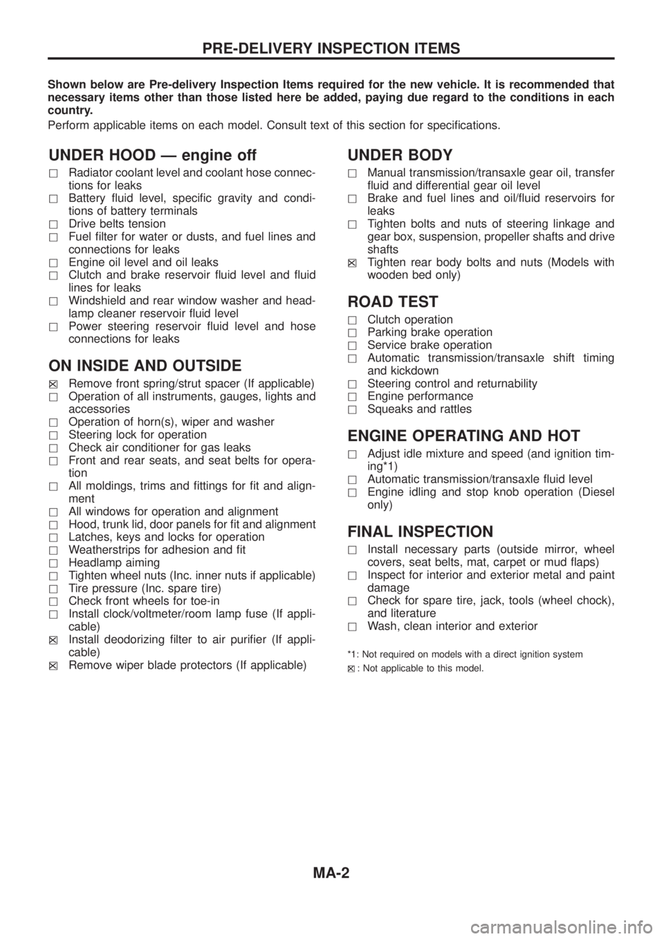 NISSAN PATROL 2006 Service Manual Shown below are Pre-delivery Inspection Items required for the new vehicle. It is recommended that
necessary items other than those listed here be added, paying due regard to the conditions in each
co NISSAN PATROL 2006 Service Manual Shown below are Pre-delivery Inspection Items required for the new vehicle. It is recommended that
necessary items other than those listed here be added, paying due regard to the conditions in each
co