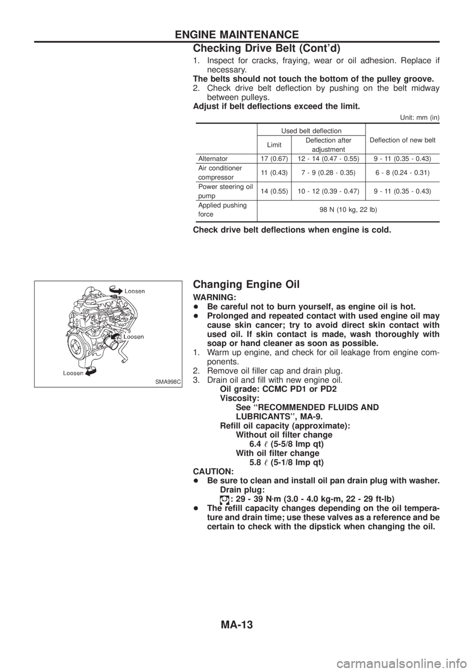 NISSAN PATROL 2006 Service Manual 1. Inspect for cracks, fraying, wear or oil adhesion. Replace if
necessary.
The belts should not touch the bottom of the pulley groove.
2. Check drive belt de¯ection by pushing on the belt midway
bet NISSAN PATROL 2006 Service Manual 1. Inspect for cracks, fraying, wear or oil adhesion. Replace if
necessary.
The belts should not touch the bottom of the pulley groove.
2. Check drive belt de¯ection by pushing on the belt midway
bet