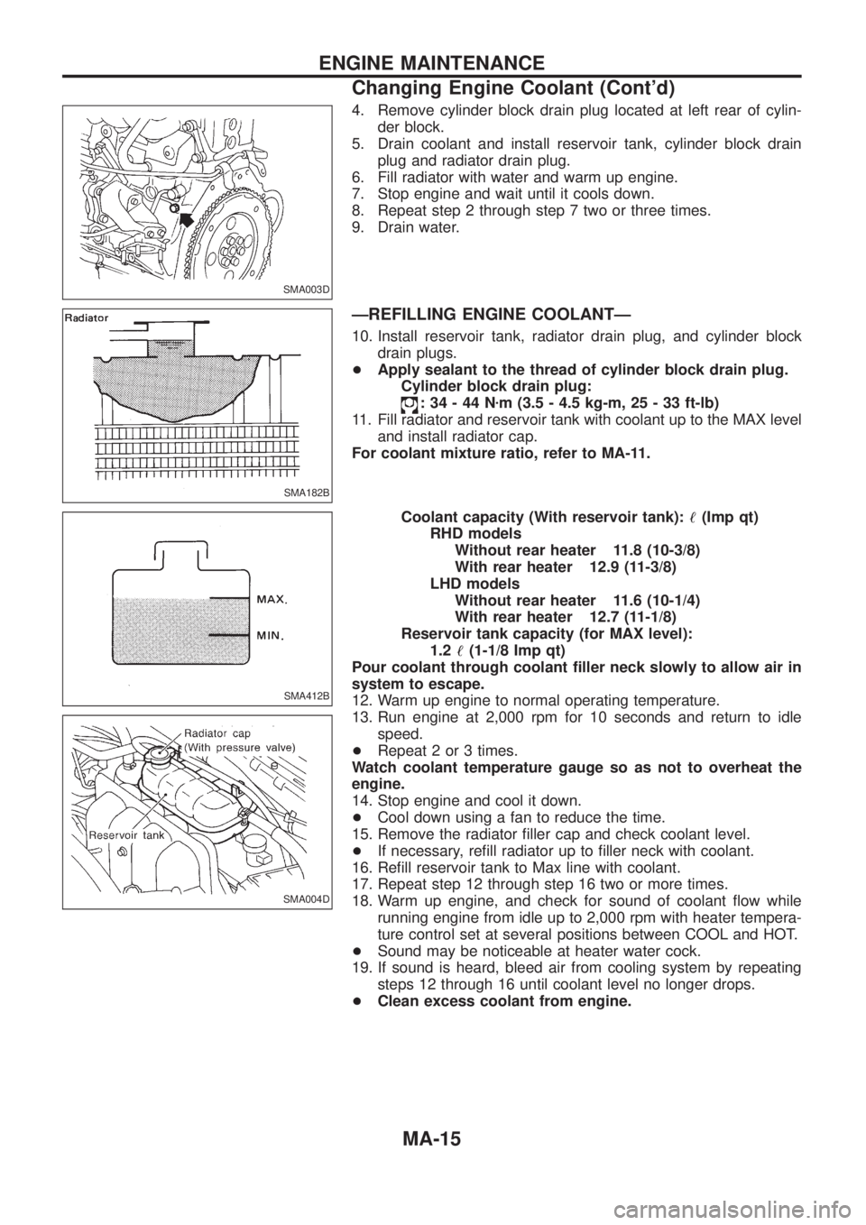 NISSAN PATROL 2006 Service Manual 4. Remove cylinder block drain plug located at left rear of cylin-
der block.
5. Drain coolant and install reservoir tank, cylinder block drain
plug and radiator drain plug.
6. Fill radiator with wate NISSAN PATROL 2006 Service Manual 4. Remove cylinder block drain plug located at left rear of cylin-
der block.
5. Drain coolant and install reservoir tank, cylinder block drain
plug and radiator drain plug.
6. Fill radiator with wate