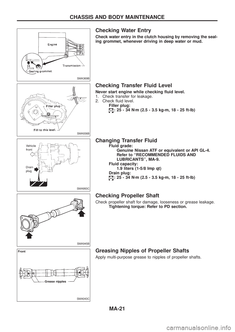 NISSAN PATROL 2006 Service Manual Checking Water Entry
Check water entry in the clutch housing by removing the seal-
ing grommet, whenever driving in deep water or mud.
Checking Transfer Fluid Level
Never start engine while checking NISSAN PATROL 2006 Service Manual Checking Water Entry
Check water entry in the clutch housing by removing the seal-
ing grommet, whenever driving in deep water or mud.
Checking Transfer Fluid Level
Never start engine while checking