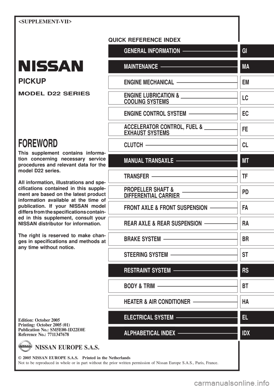 NISSAN PICK-UP 2005  Repair Manual <SUPPLEMENT-VII>
GENERAL INFORMATIONGI
MAINTENANCEMA
ENGINE LUBRICATION &
COOLING SYSTEMSLC
ENGINE CONTROL SYSTEMEC
ACCELERATOR CONTROL, FUEL &
EXHAUST SYSTEMSFE
MANUAL TRANSAXLEMT
TRANSFERTF
FRONT AX