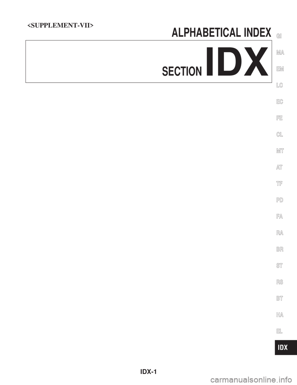 NISSAN PICK-UP 2005 Manual PDF <SUPPLEMENT-VII>
ALPHABETICALINDEX
SECTION
IDX
GI
MA
EM
LC
EC
FE
CL
MT
AT
TF
PD
FA
RA
BR
ST
RS
BT
HA
EL
IDX-1 NISSAN PICK-UP 2005 Manual PDF <SUPPLEMENT-VII>
ALPHABETICALINDEX
SECTION
IDX
GI
MA
EM
LC
EC
FE
CL
MT
AT
TF
PD
FA
RA
BR
ST
RS
BT
HA
EL
IDX-1