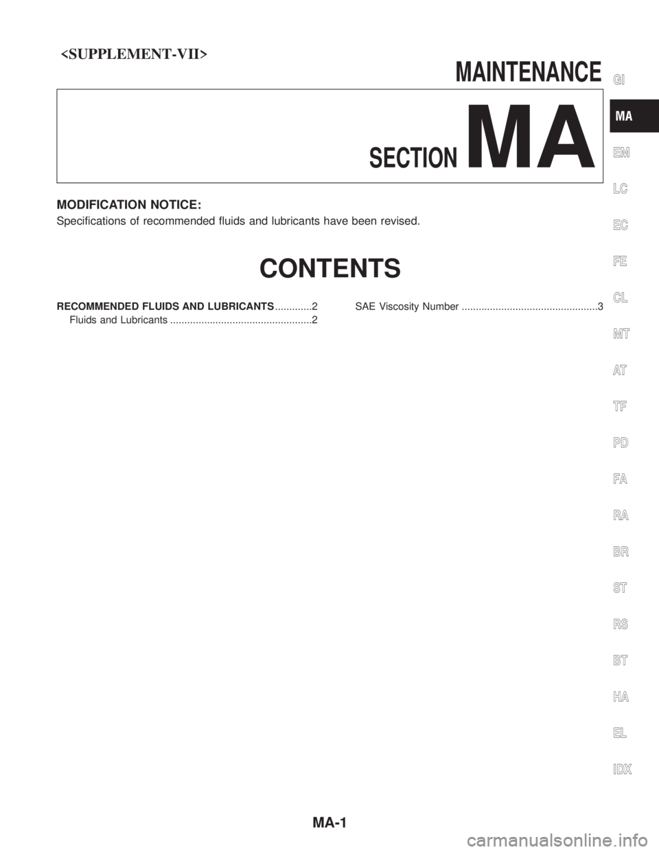 NISSAN PICK-UP 2005 Manual Online <SUPPLEMENT-VII>
MAINTENANCE
SECTION
MA
MODIFICATION NOTICE:
Specifications of recommended fluids and lubricants have been revised.
CONTENTS
RECOMMENDED FLUIDS AND LUBRICANTS .............2
Fluids and