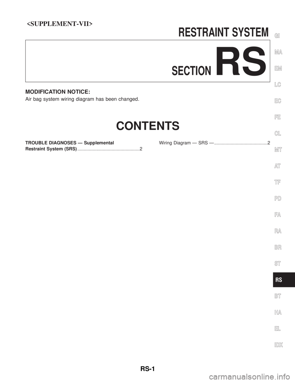NISSAN PICK-UP 2005 Manual Online <SUPPLEMENT-VII>
RESTRAINTSYSTEM
SECTION
RS
MODIFICATION NOTICE:
Air bag system wiring diagram has been changed.
CONTENTS
TROUBLE DIAGNOSES Ð Supplemental
Restraint System (SRS) .....................
