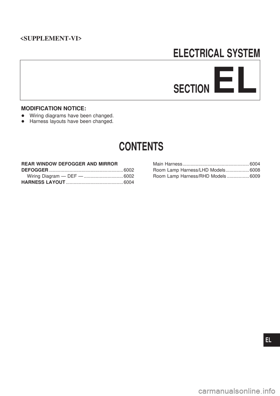 NISSAN PICK-UP 2004 User Guide ELECTRICAL SYSTEM
SECTION
EL
MODIFICATION NOTICE:
+Wiring diagrams have been changed.
+Harness layouts have been changed.
CONTENTS
REAR WINDOW DEFOGGER AND MIRROR
DEFOGGER............................. NISSAN PICK-UP 2004 User Guide ELECTRICAL SYSTEM
SECTION
EL
MODIFICATION NOTICE:
+Wiring diagrams have been changed.
+Harness layouts have been changed.
CONTENTS
REAR WINDOW DEFOGGER AND MIRROR
DEFOGGER.............................
