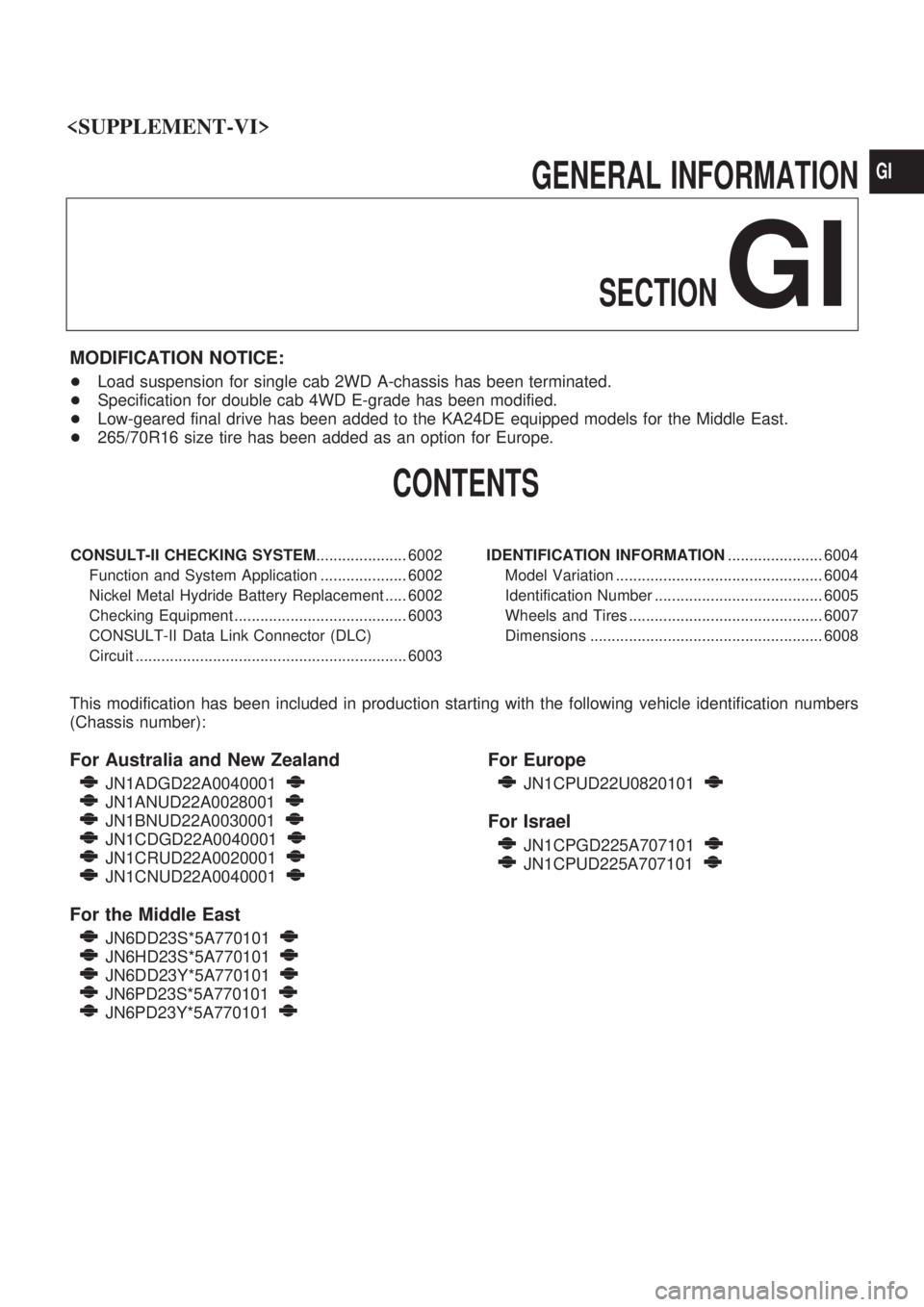 NISSAN PICK-UP 2004 Owners Guide GENERAL INFORMATION
SECTION
GI
MODIFICATION NOTICE:
+Load suspension for single cab 2WD A-chassis has been terminated.
+Specification for double cab 4WD E-grade has been modified.
+Low-geared final dr NISSAN PICK-UP 2004 Owners Guide GENERAL INFORMATION
SECTION
GI
MODIFICATION NOTICE:
+Load suspension for single cab 2WD A-chassis has been terminated.
+Specification for double cab 4WD E-grade has been modified.
+Low-geared final dr