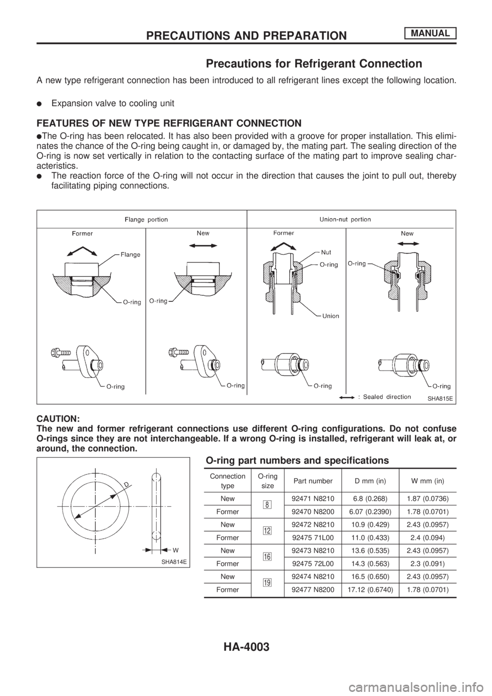 NISSAN PICK-UP 2003  Repair Manual Precautions for Refrigerant Connection
A new type refrigerant connection has been introduced to all refrigerant lines except the following location.
lExpansion valve to cooling unit
FEATURES OF NEW TY