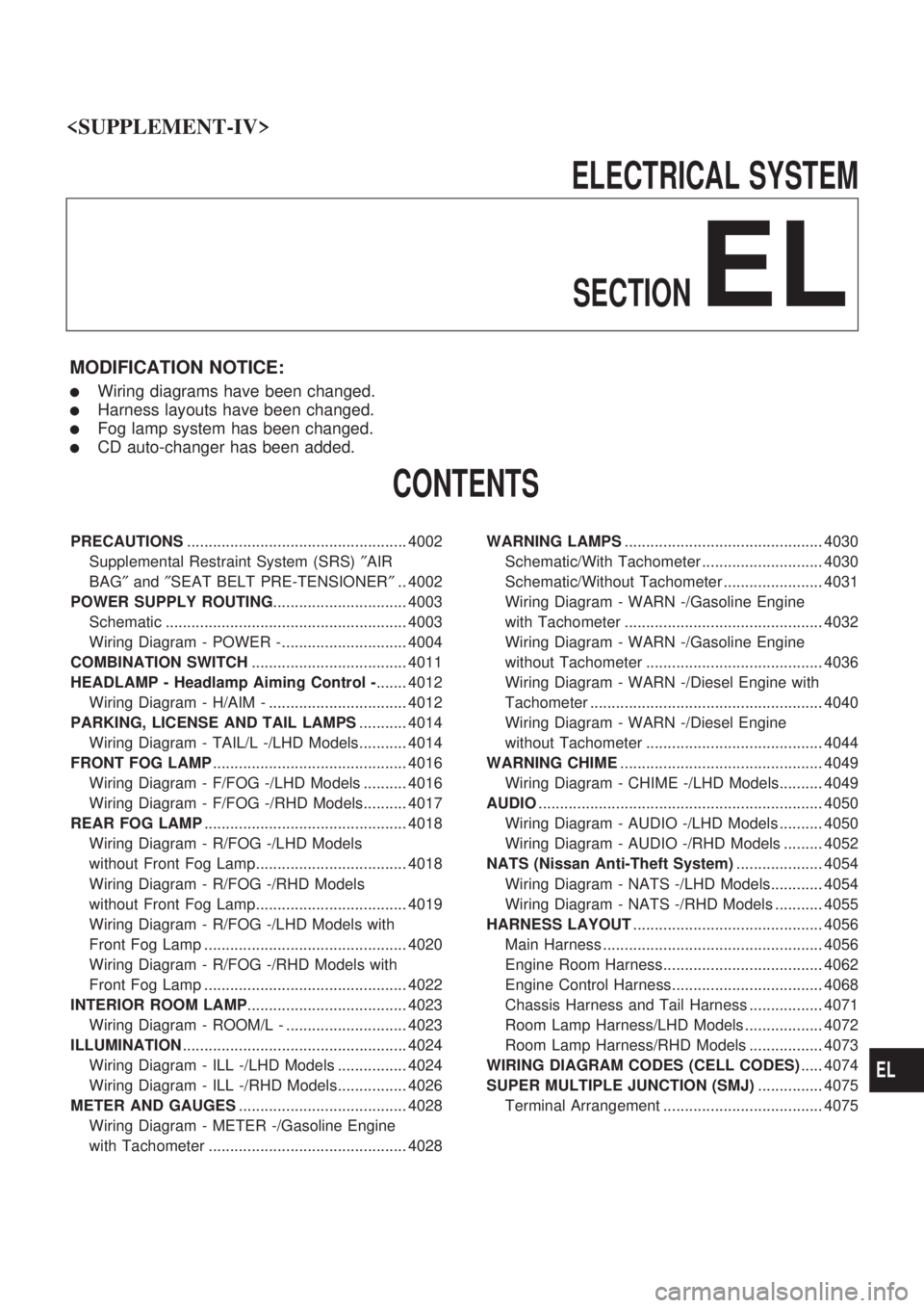 NISSAN PICK-UP 2003 Owners Manual ELECTRICAL SYSTEM
SECTION
EL
MODIFICATION NOTICE:
lWiring diagrams have been changed.
lHarness layouts have been changed.
lFog lamp system has been changed.
lCD auto-changer has been added.
CONTENTS
P NISSAN PICK-UP 2003 Owners Manual ELECTRICAL SYSTEM
SECTION
EL
MODIFICATION NOTICE:
lWiring diagrams have been changed.
lHarness layouts have been changed.
lFog lamp system has been changed.
lCD auto-changer has been added.
CONTENTS
P