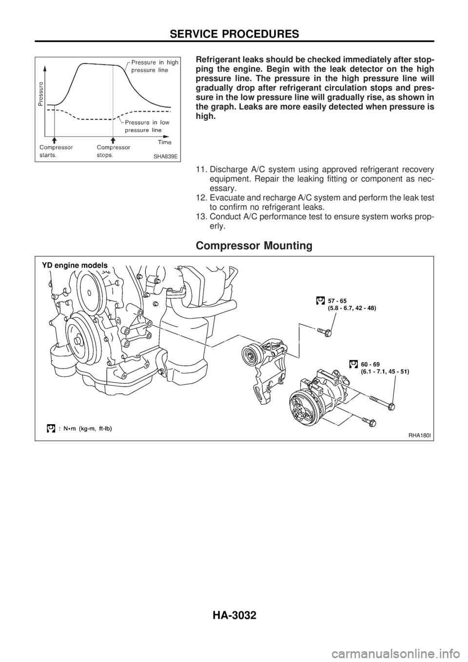 NISSAN PICK-UP 2001 Repair Manual Refrigerant leaks should be checked immediately after stop-
ping the engine. Begin with the leak detector on the high
pressure line. The pressure in the high pressure line will
gradually drop after re NISSAN PICK-UP 2001 Repair Manual Refrigerant leaks should be checked immediately after stop-
ping the engine. Begin with the leak detector on the high
pressure line. The pressure in the high pressure line will
gradually drop after re