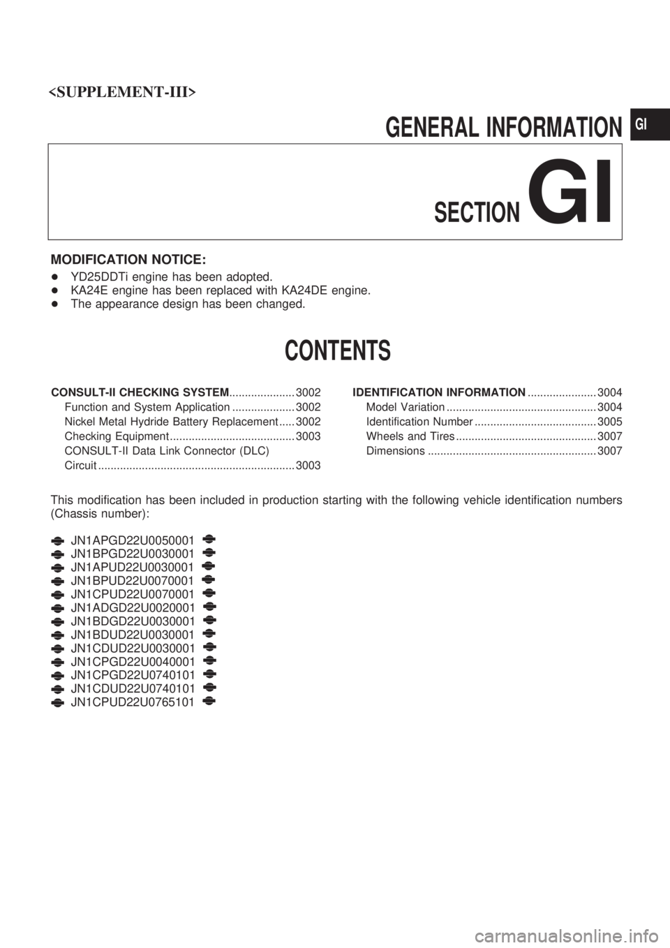 NISSAN PICK-UP 2001 Repair Manual GENERAL INFORMATION
SECTION
GI
MODIFICATION NOTICE:
+YD25DDTi engine has been adopted.
+KA24E engine has been replaced with KA24DE engine.
+The appearance design has been changed.
CONTENTS
CONSULT-II NISSAN PICK-UP 2001 Repair Manual GENERAL INFORMATION
SECTION
GI
MODIFICATION NOTICE:
+YD25DDTi engine has been adopted.
+KA24E engine has been replaced with KA24DE engine.
+The appearance design has been changed.
CONTENTS
CONSULT-II