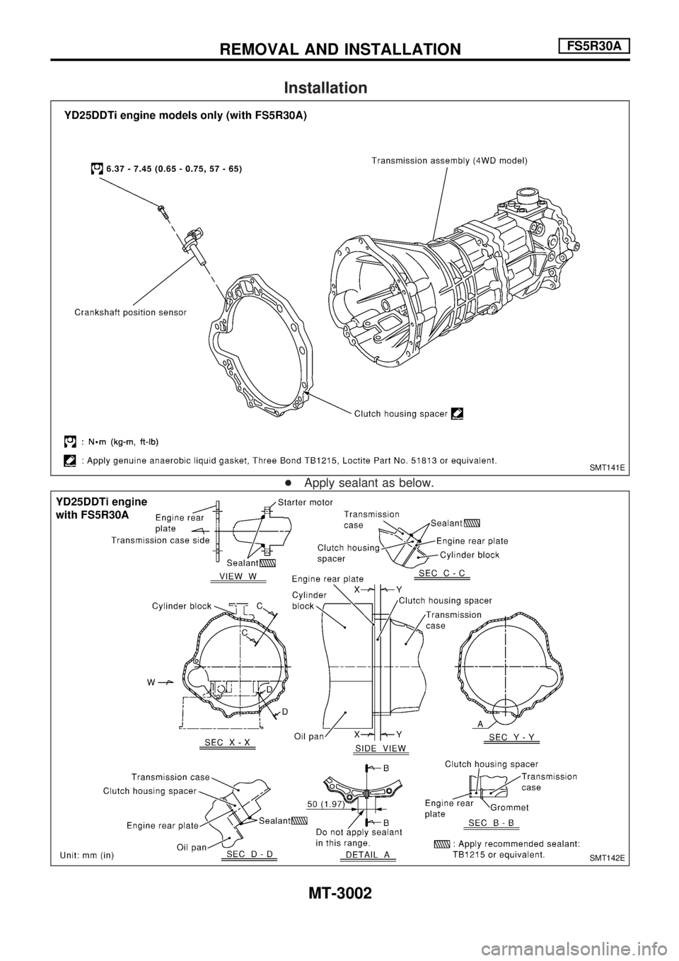NISSAN PICK-UP 2001  Repair Manual Installation
+Apply sealant as below.
SMT141E
SMT142E
REMOVAL AND INSTALLATIONFS5R30A
MT-3002 