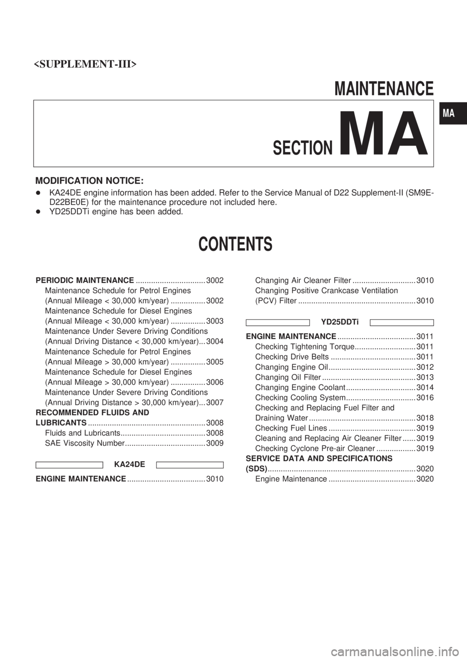 NISSAN PICK-UP 2001 Repair Manual MAINTENANCE
SECTION
MA
MODIFICATION NOTICE:
+KA24DE engine information has been added. Refer to the Service Manual of D22 Supplement-II (SM9E-
D22BE0E) for the maintenance procedure not included here. NISSAN PICK-UP 2001 Repair Manual MAINTENANCE
SECTION
MA
MODIFICATION NOTICE:
+KA24DE engine information has been added. Refer to the Service Manual of D22 Supplement-II (SM9E-
D22BE0E) for the maintenance procedure not included here.