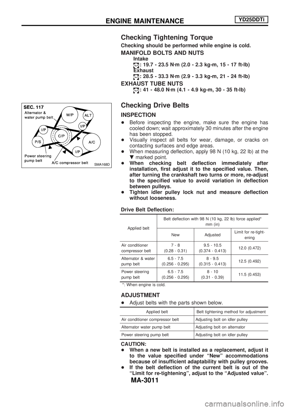 NISSAN PICK-UP 2001  Repair Manual Checking Tightening Torque
Checking should be performed while engine is cold.
MANIFOLD BOLTS AND NUTS
Intake
: 19.7 - 23.5 Nzm (2.0 - 2.3 kg-m, 15 - 17 ft-lb)
Exhaust
: 28.5 - 33.3 Nzm (2.9 - 3.3 kg-m