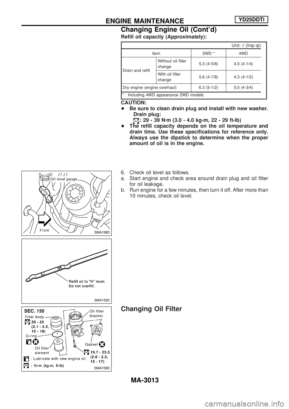 NISSAN PICK-UP 2001  Repair Manual Refill oil capacity (Approximately):
Unit:!(Imp qt)
Item 2WD * 4WD
Drain and refillWithout oil filter
change5.3 (4-5/8) 4.0 (4-1/4)
With oil filter
change5.6 (4-7/8) 4.3 (4-1/2)
Dry engine (engine ove